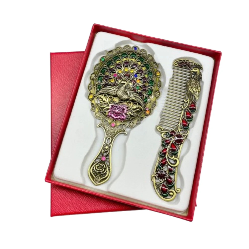 

Portable Peacock Makeup Mirror Comb Set Vintage Hand-held Cosmetic Mirror Luxury Retro Princess Make Up Mirror Middle East