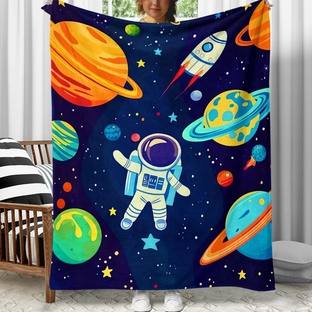Manta de franela para niños, manta con diseño de dibujos animados, ropa de cama para guardería, tema espacial, astronauta espacial, planetas, estrellas y galaxia