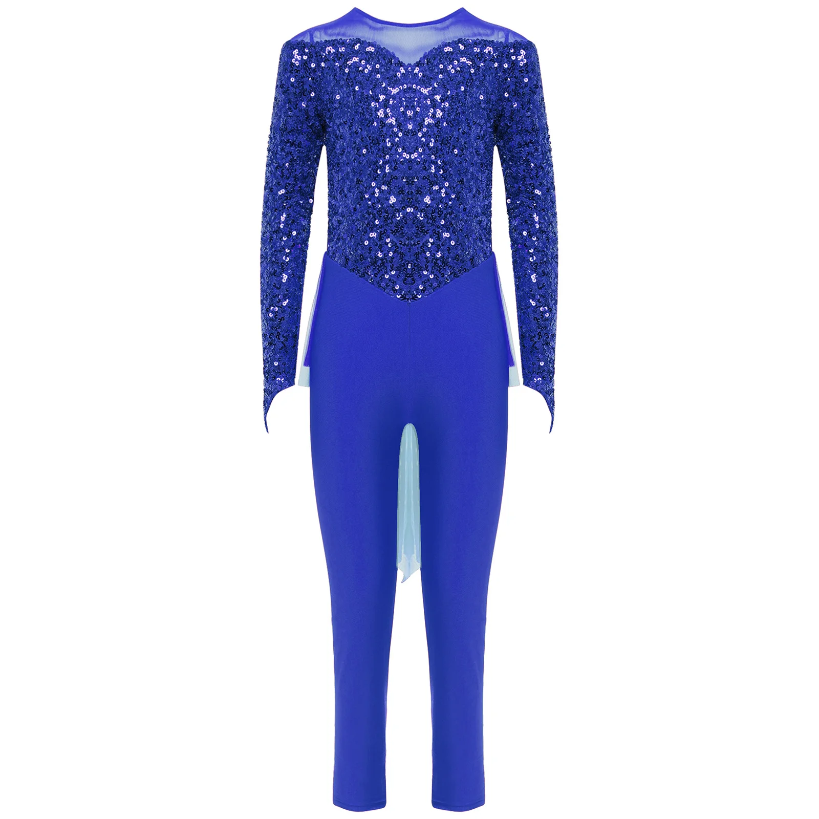 Kids Girls Rhythmic Gymnastics Leotard Shiny Sequins Long Sleeve Ballet Dance Skirted Bodysuit Costume Figure Skating Jumpsuit