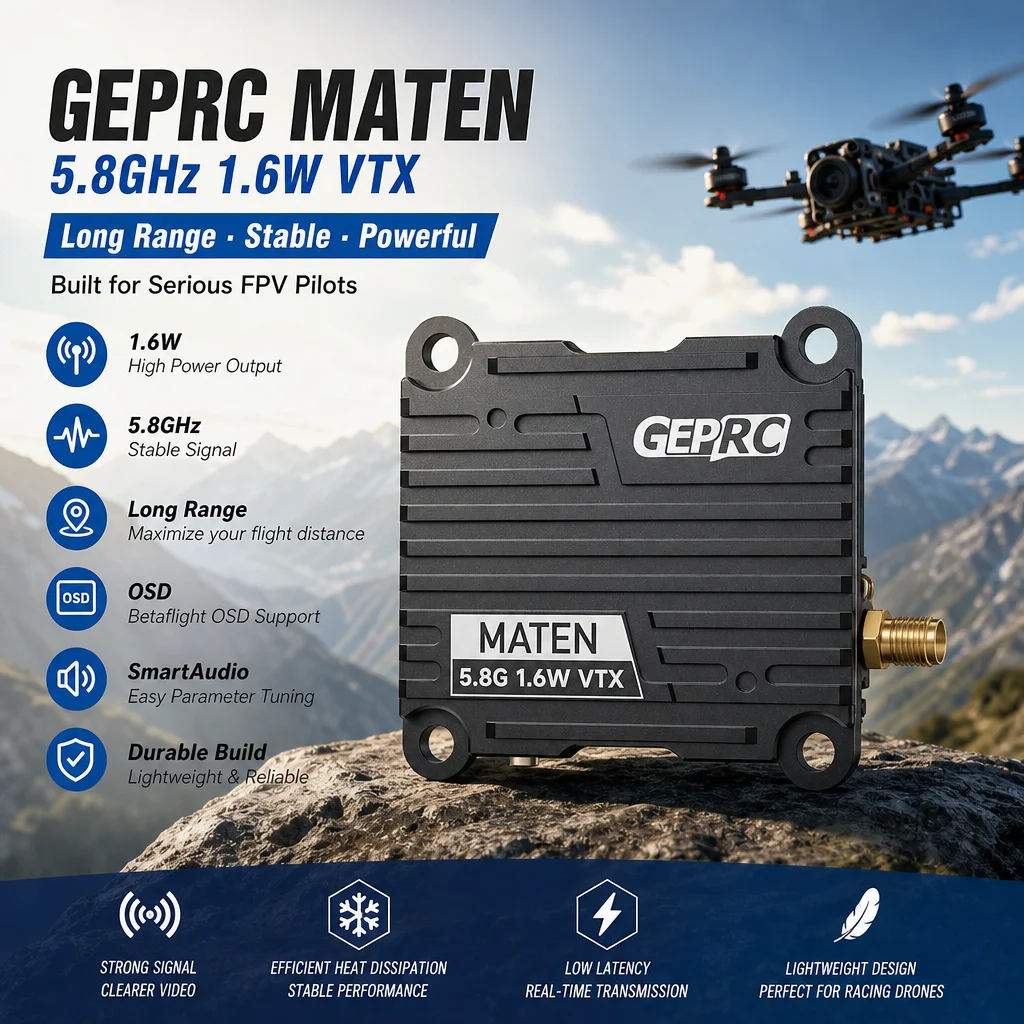 

GEPRC MATEN 5.8GHz 1.6W VTX Long Range FPV Transmitter OSD SmartAudio Stable Signal for Drone