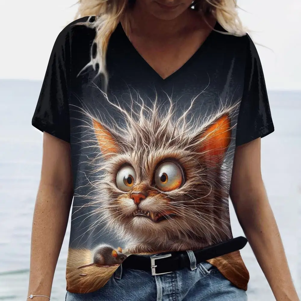 Women's T Shirt Cat Print Casual Short Sleeve T-Shirts Fashion New Streetwear Crew Neck Pullover Female Oversized Clothing Top