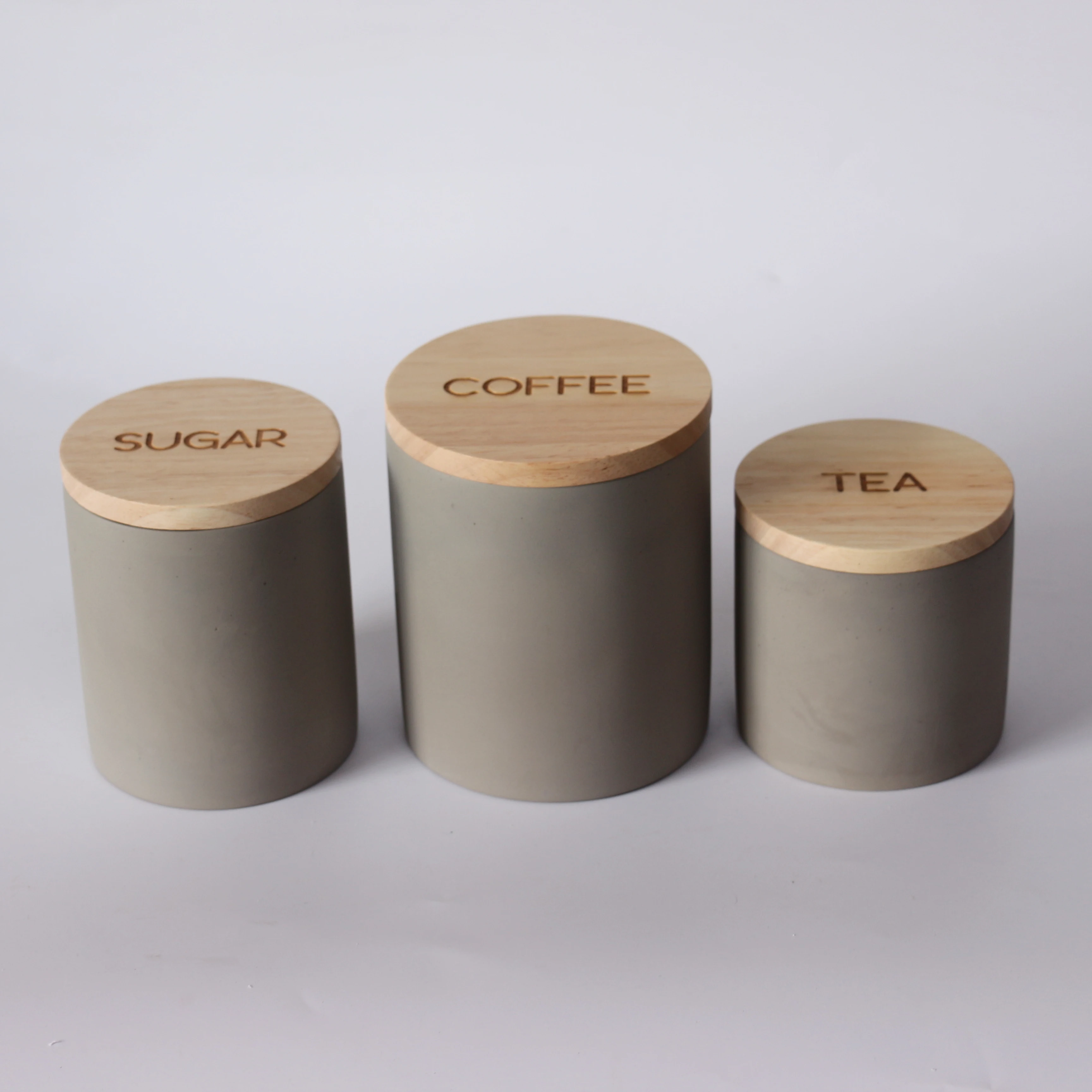 

One Set 3 Pieces Food Safe Concrete Storage Jars With Wooden Lid for Coffee Tea and Salt