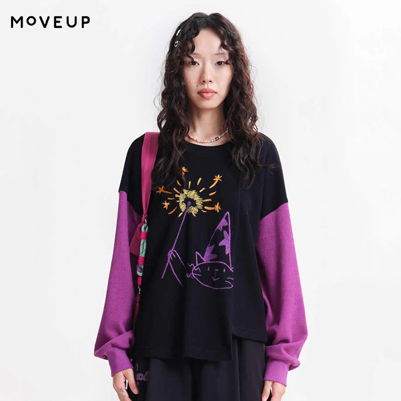 MOVEUP Long Sleeved Round Neck Top 2026 Spring New Cartoon Embroidered Woven Label Contrast Color Women Sweatshirt 3ELC11419