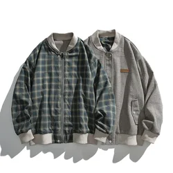 Men's Double Side Wearable Jacket Cityboy Streetwear Fashion Loose Casual Spring Autumn Plaid Coat Bomber Jacket Outerwear