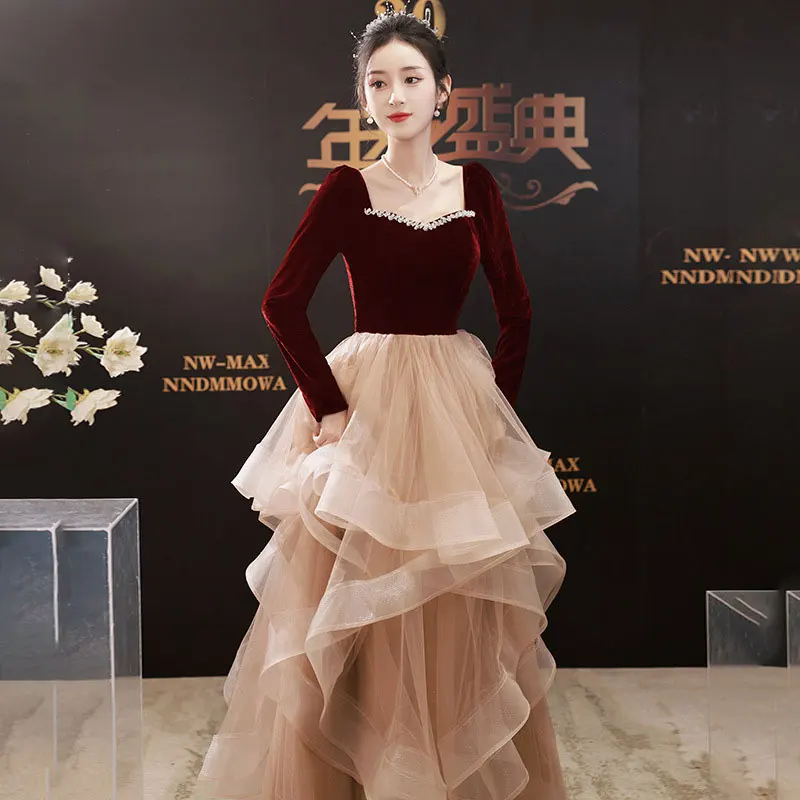 Women Velvet Tutu Party Dress Elegant Evening Cocktail Long Sleeve Dress Company Annual Gown Celebration Dress Graduation