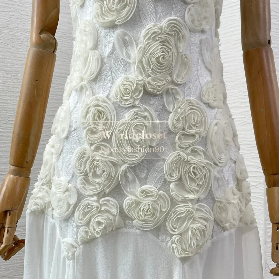 Vestido midi sem mangas com apliques de flores para trabalho manual para festa de seda de alta qualidade 2025 branco