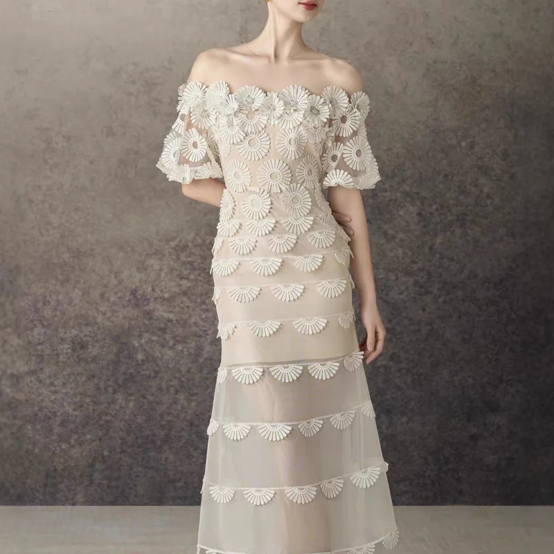 QMQA vestido elegante de moda para mujer elegante tridimensional Floral fuera del hombro cintura alta vestidos de fiesta elegantes 2025 QM903