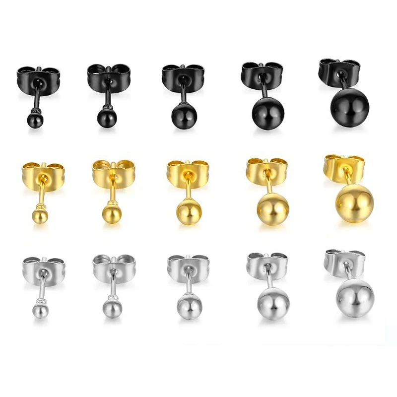 10pcs/lot Solid Round Ball Earring Stud Post Fit 316L Stainless Steel Hypoallergenic Bead Earring Jewelry 2/3/4/5/6mm