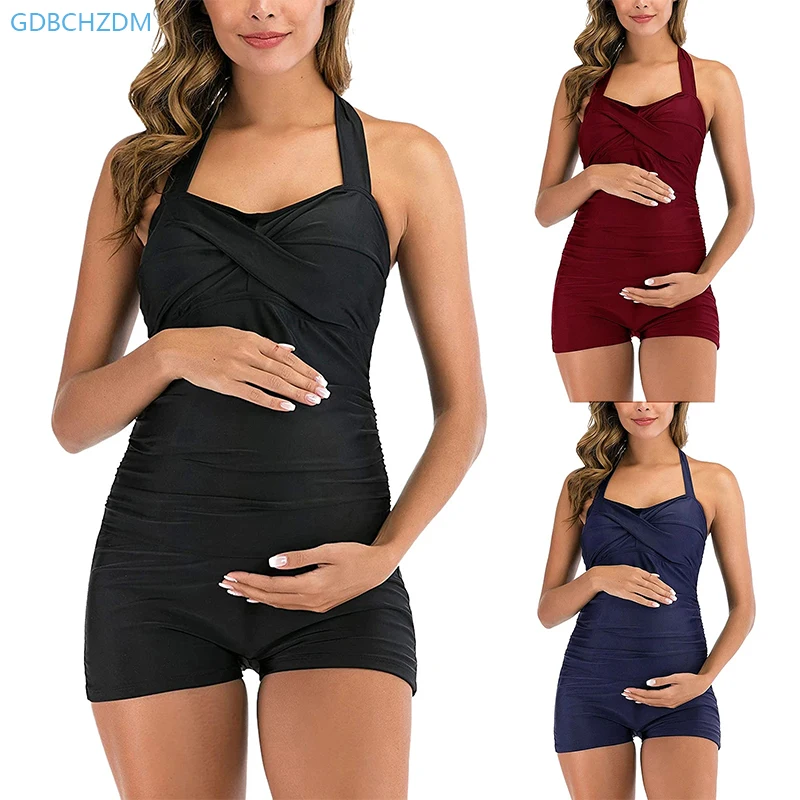 Maternity Bathing Suit Nylon Solid Color One Piece Swimsuit Gather One Piece Swimwear for Women Bathing Suits Glittet Beachwear