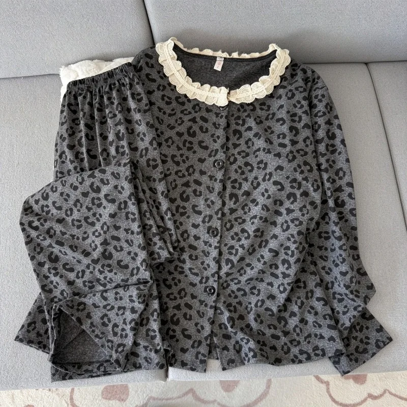 Leopard Print Korean Vintage Sleepwear Women with Chest Pad Soft Autumn Homewear Lace Trim Round Neck Women Pajamas 2 Piece Set