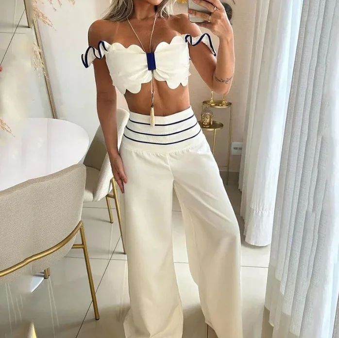 Summer New Casual Contrast Color Crop Vest Cold Shoulder Solid Color Sexy High Waist Wide Leg Pants Two-Piece Set for Women