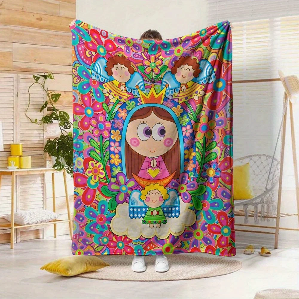 1pc Soft Cozy Flannel Blanket Suitable for All-Season Use, Contemporary Angel Floral Bedspread with Colorful Patterns, Machine W