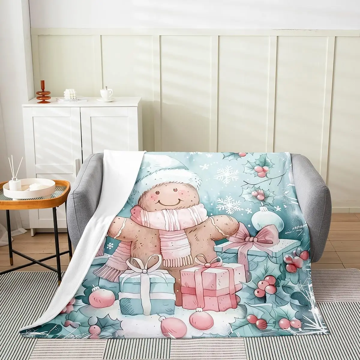 Gingerbread Man Kids Flannel Blanket Merry Christmas Blue Cute Painting Warm Fleece Blanket for Women Adults Watercolor Berry