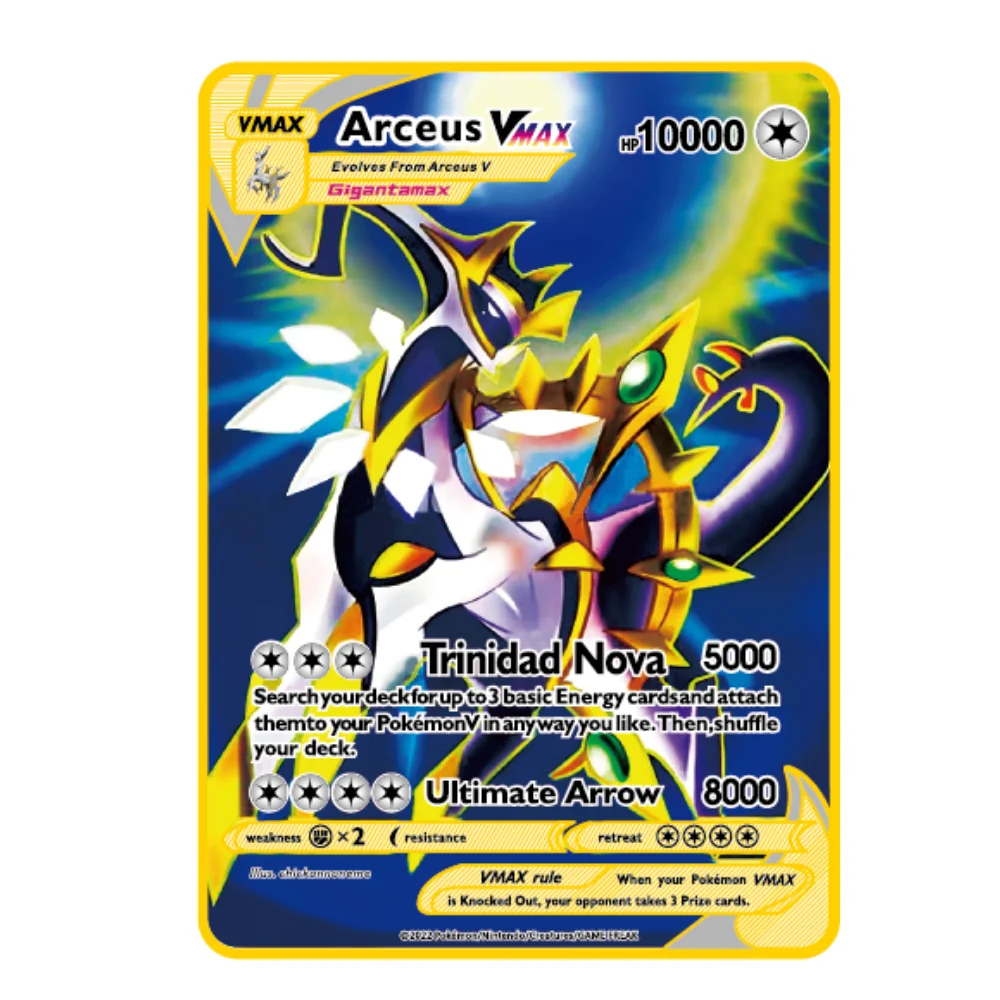 Arceus Vmax Pocket Monster Metal Kachu Spray Dragon Gold para Crianças, Edição Limitada, Inglês Mais recente, 10000 Pontos