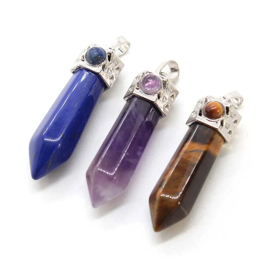 Natural Amethyst Crystal Hexagonal Stone Pendants For Women Necklace DIY Charm Rose Quartz Lapis Lazuli Agate Pendant Jewellery