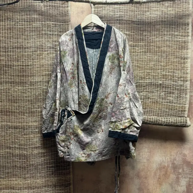 

2025 Autumn New Arts Style Women Vintage Print V-neck Loose Jackets High Quality Cotton Linen Jacquard Single Button Coats