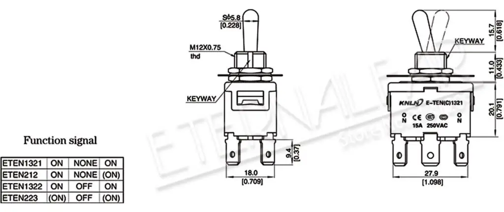 High end Quality Silver Contact E-TEN(C)1321 DPDT 12MM 15A 250V AC ON-ON 6Pin Reset Rocker Toggle Slide Switch Waterproof Boott