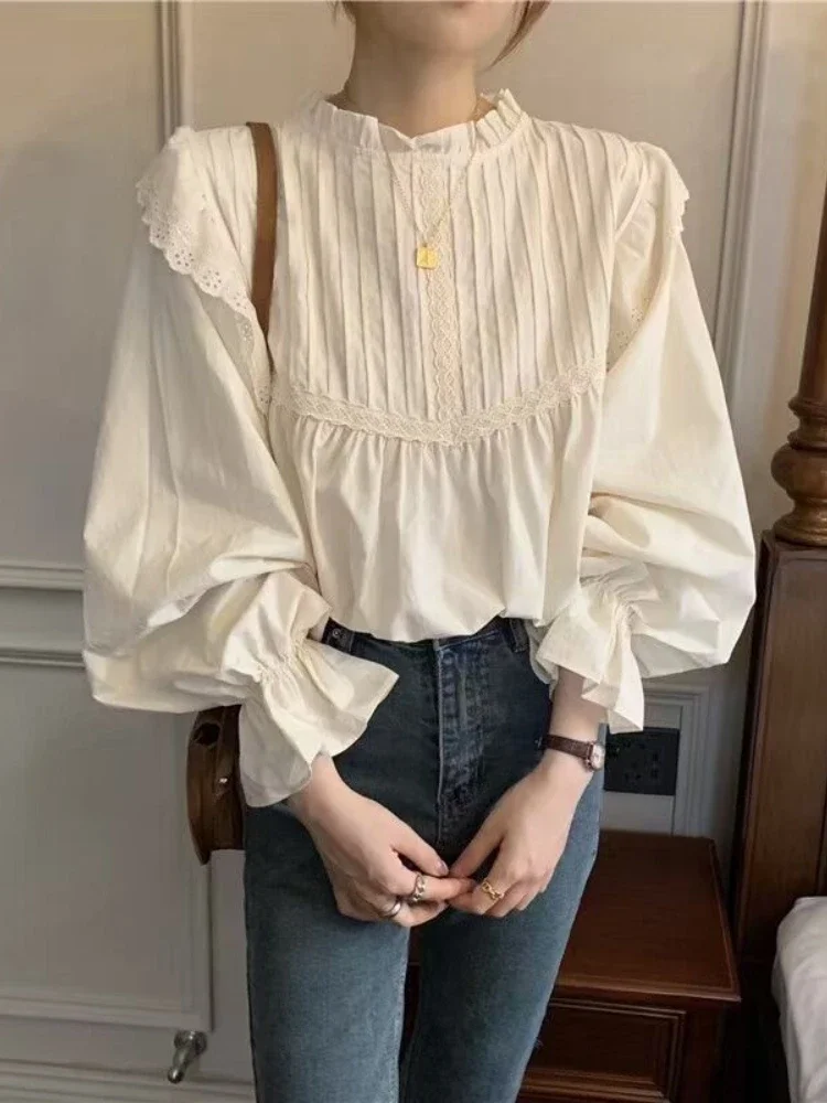 

French Vintage Lolita Shirt Women Elegant Lace Ruffle Puff Sleeve Long Sleeved Shirt Maiden Casual Preppy Style Cute Women Shirt