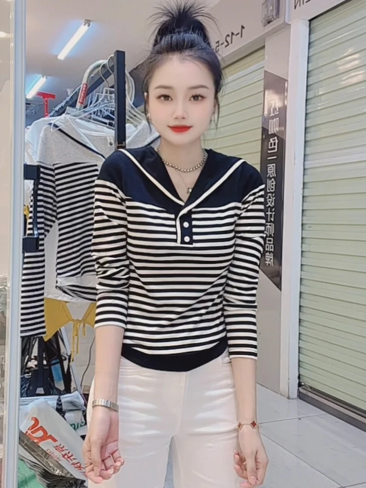 Slim Fit Gestreiftes Langes Sve Reines Baumwoll-T-Shirt Damen Faionable Color Blo Design Herbst Neues Sle Vielseitiges Freizeit-Top