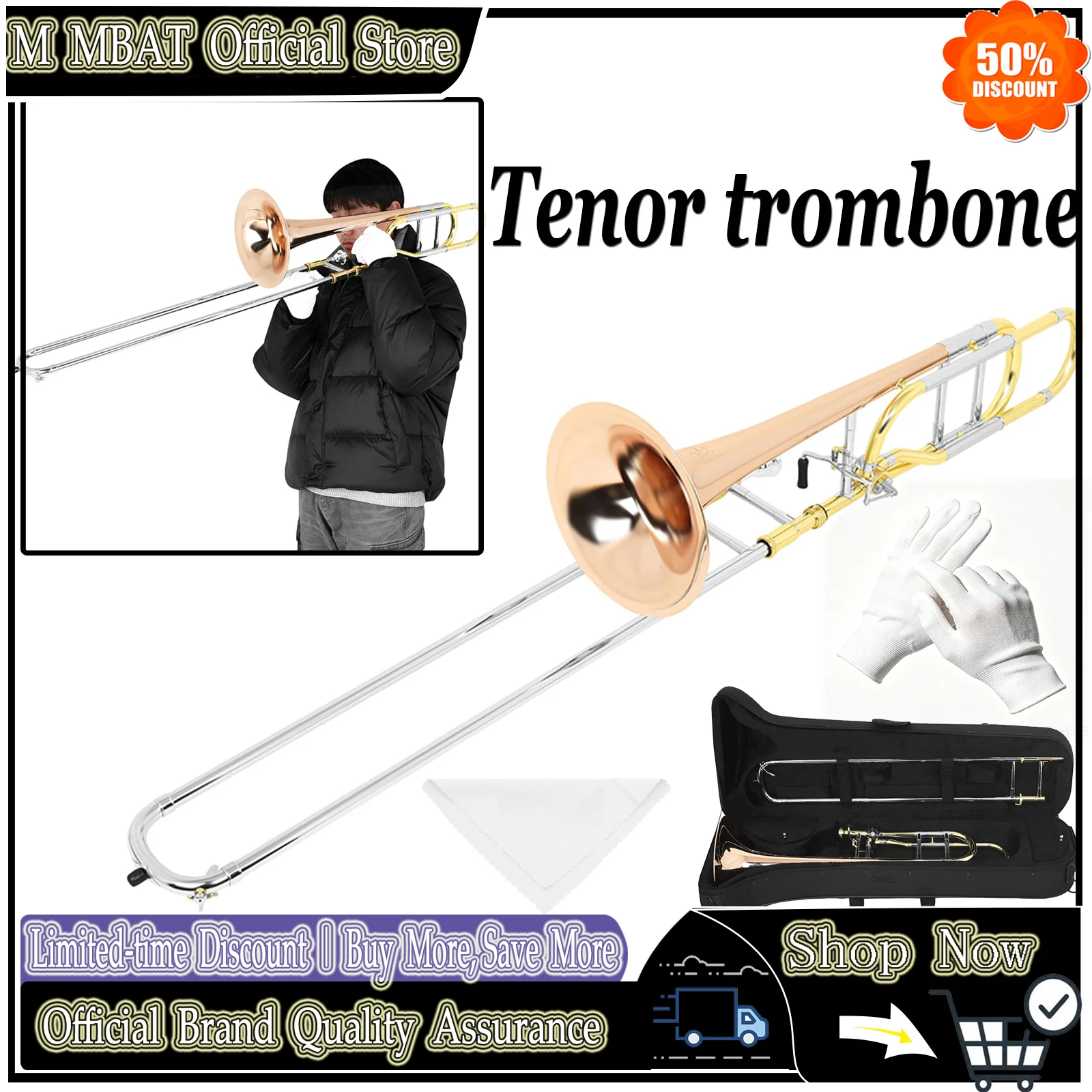 Trombón Tenor Bb MBAT, Trombón en Si Bemol de Cobre Fosforado, Cuerpo de Latón de Primera Calidad, Instrumento Profesional para Acompañamiento