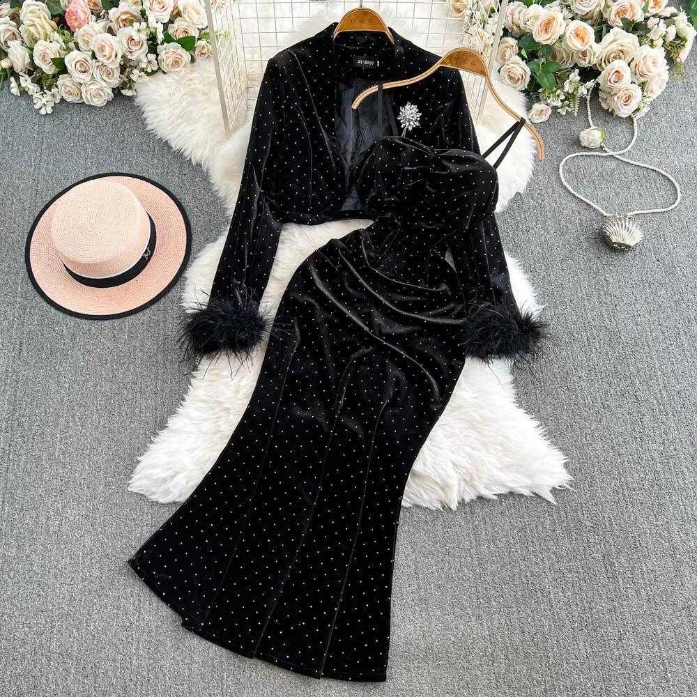 Elegant Dot Velvet Straps Dresses Chic Feather Long Sleeves Rhinestone Short Coat Top French Evening High Street Winter Clothing