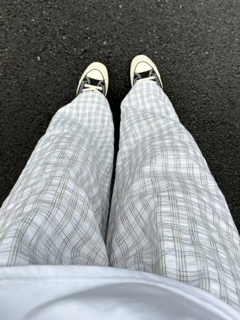 American Style Street Retro Bubble Pleated Plaid Men's Casual Pants Summer Wide Leg Stripe Straight Tube Trousers
