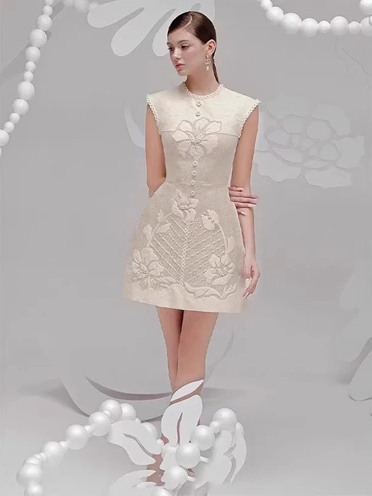 Elegant เย็บปักถักร้อย Splicing ชุดเดรสสายฤดูใบไม้ผลิผู้หญิงแขนกุด O คอชุดมินิฤดูร้อนเอวสูงซิปหลวมชุดสั้น