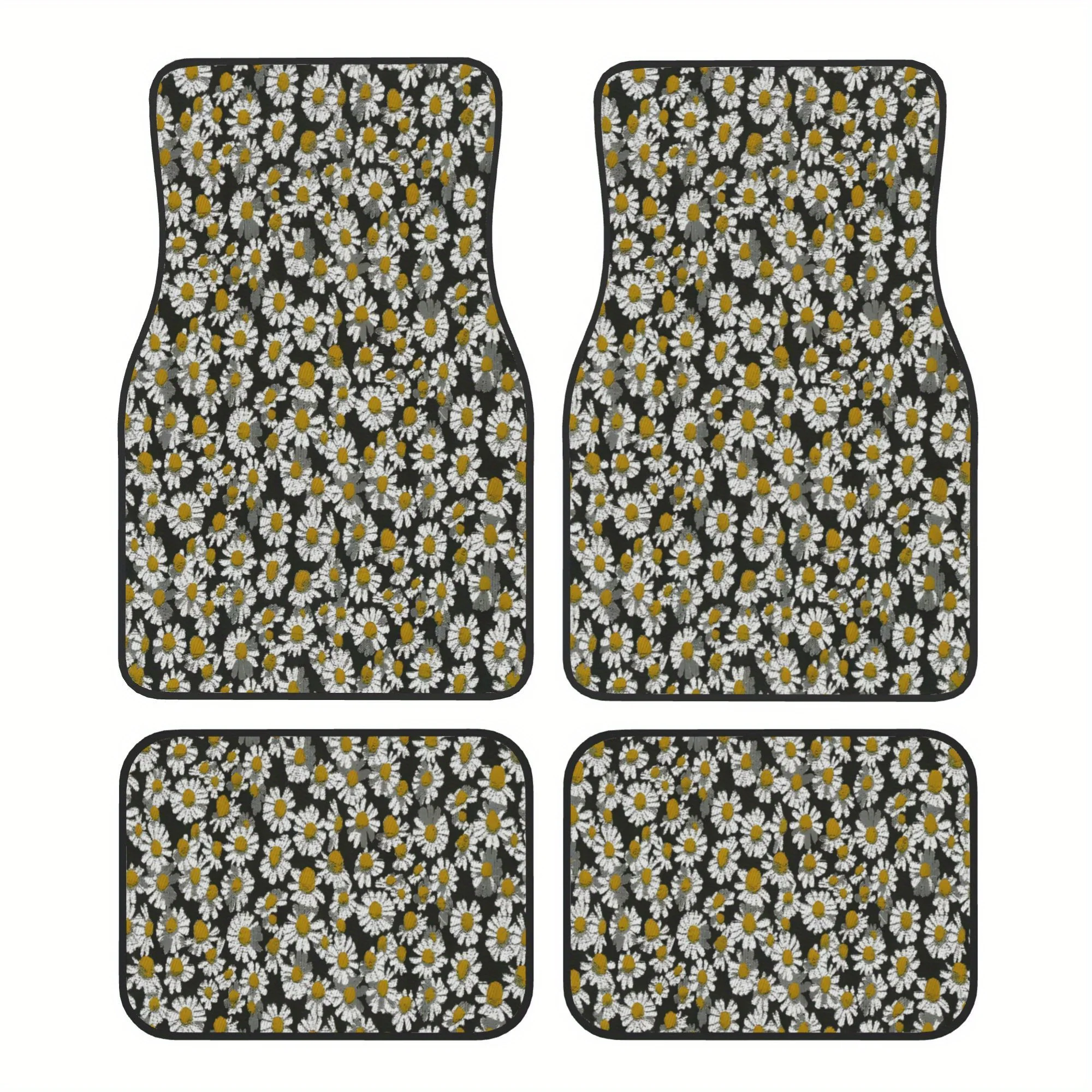 4pcs A Close Up Of A Bunch Of White Flowers On A Black Background Pattern Universal Car Floor Mats - Polyester Material, Non-Sli