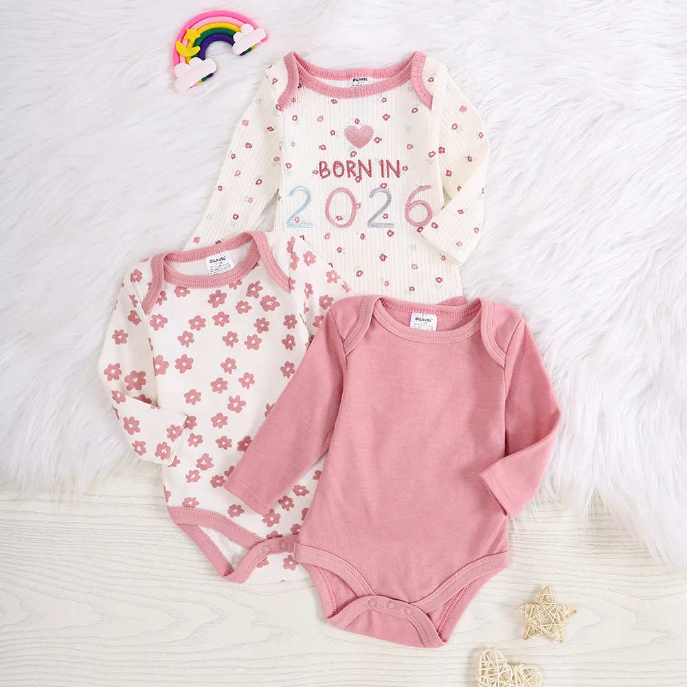 Baby-Mädchen-Strampler 3-teilig 2026 Neuer Stil Baby-Mädchen-Kleidung Frühling/Herbst Langarm-Strampler aus Baumwollstoff Geeignet für 0-9 Monate