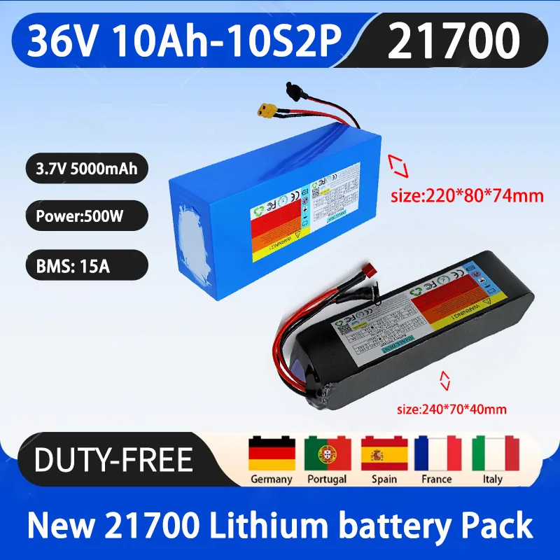 

New 36V 10Ah 10S2P rechargeable lithium battery pack 21700 500W high-power built-in 15A BMS+42V 2A charger