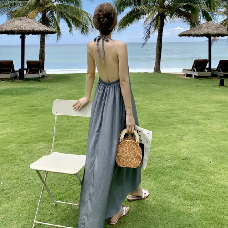 

Grey Floral Print Long Dress Women Summer New Fashion Off Shoulders Straps Vacation Beach Dress Fashion Korean Party Vestidos