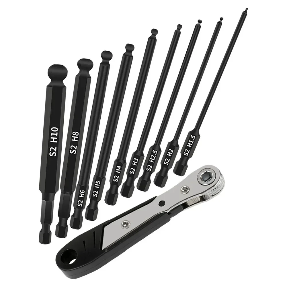 9Pc Ball End Screwdriver Bits Hex Head Wrench Drill Bit 100mm Hexagonal Shank Magentic With Ratchet Wrench Hand Tools