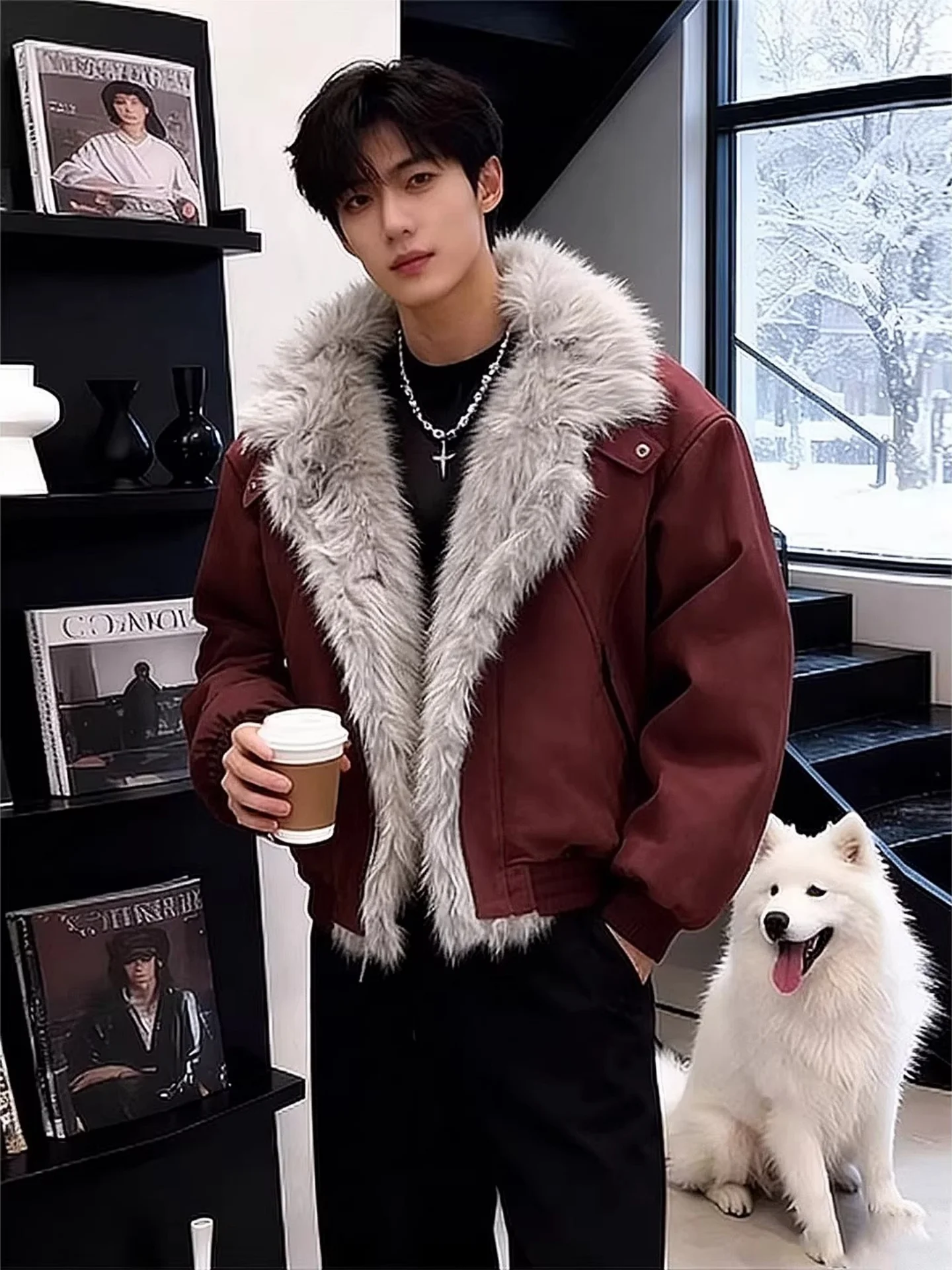 

Red American Style Mountain Eagle Cotton Jacket Men's Winter Thickened Warm Parka Coat with Fur Collar Handsome Cotton Clothing