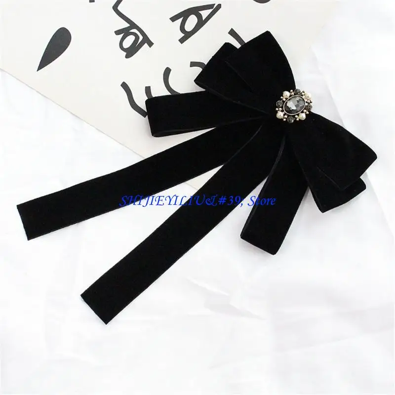 

E21F Pearls Vintage Bowtie Clip for Women Velvets Ribbon Bowknot Necktie Brooch Pin