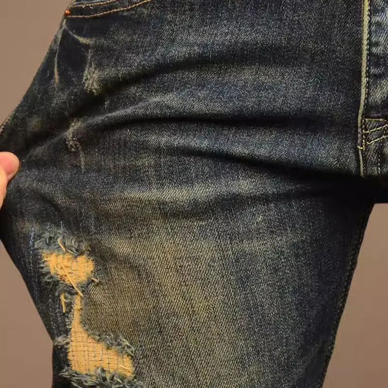 Street Fashion Men Jeans Retro Washed Blue Elastic Slim Fit Vintage Ripped Jeans Men Patch Designer Hip Hop Denim Pants Hombre