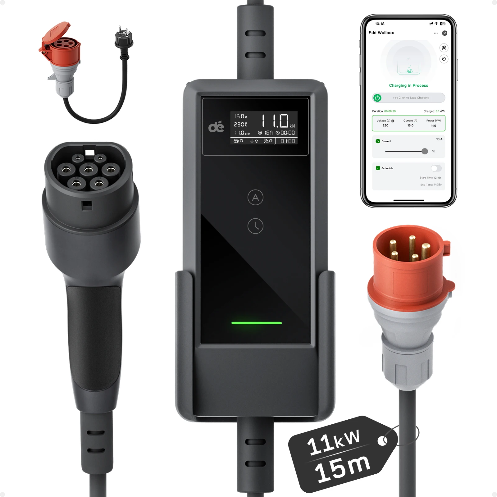 dé EV-Ladegerät Typ 2 11kW mit App 16A 3-Phasen 5,5m 7m 10m 15m 20m 25m Ladekabel Elektrofahrzeug-Ladegerät CEE-Stecker auf Typ 2 mit Einstellbarem Strom Tragbare Ladestation