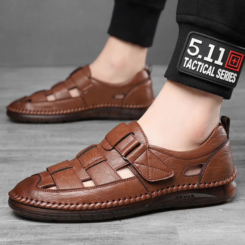 Genuine Leather 2024 Summer Special Offer Men\'s Business Casual Hollow Work with Holes Leather Sandals Men\'s Work Hole Sandals