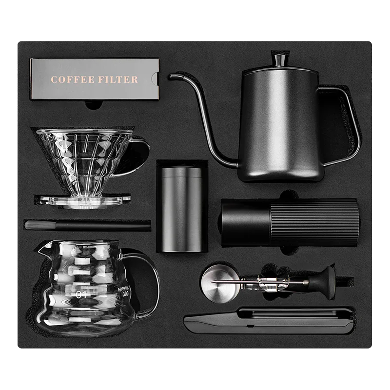 Portable 10-In-1 Camping Coffee Brewer Set Includes Ceramic Grinder Filter Cup Kettle Pot Thermometer Drip Coffee Maker