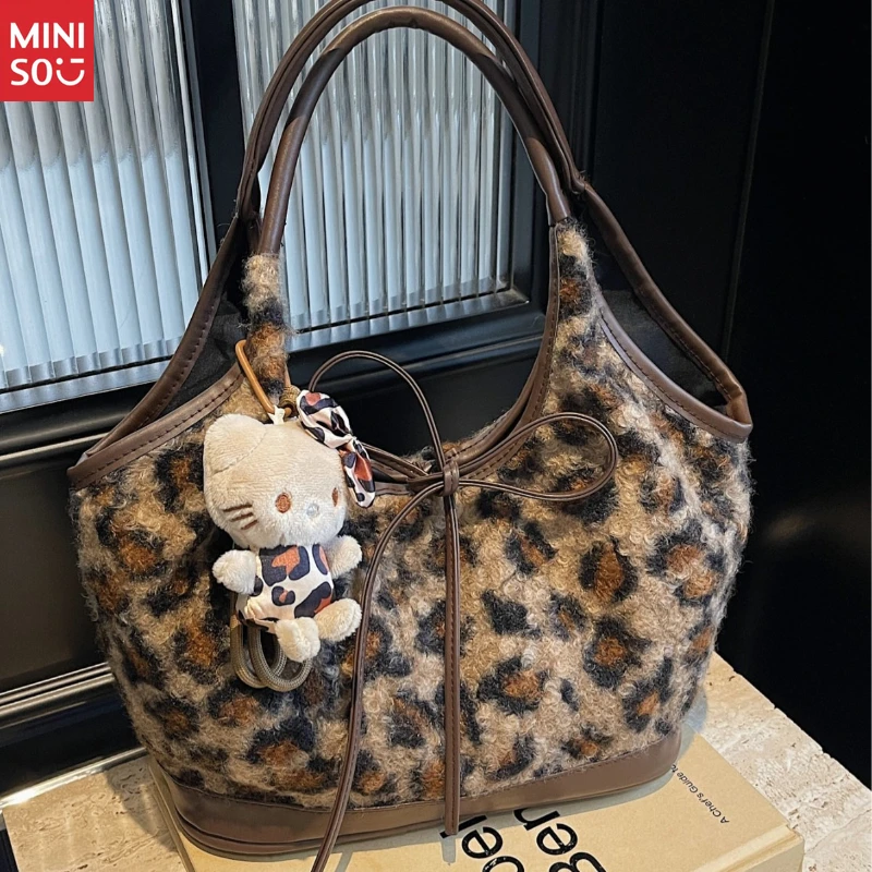 Bolso de mano de leopardo coreano Miniso, bolso de hombro con asa de lazo de felpa para ir al trabajo
