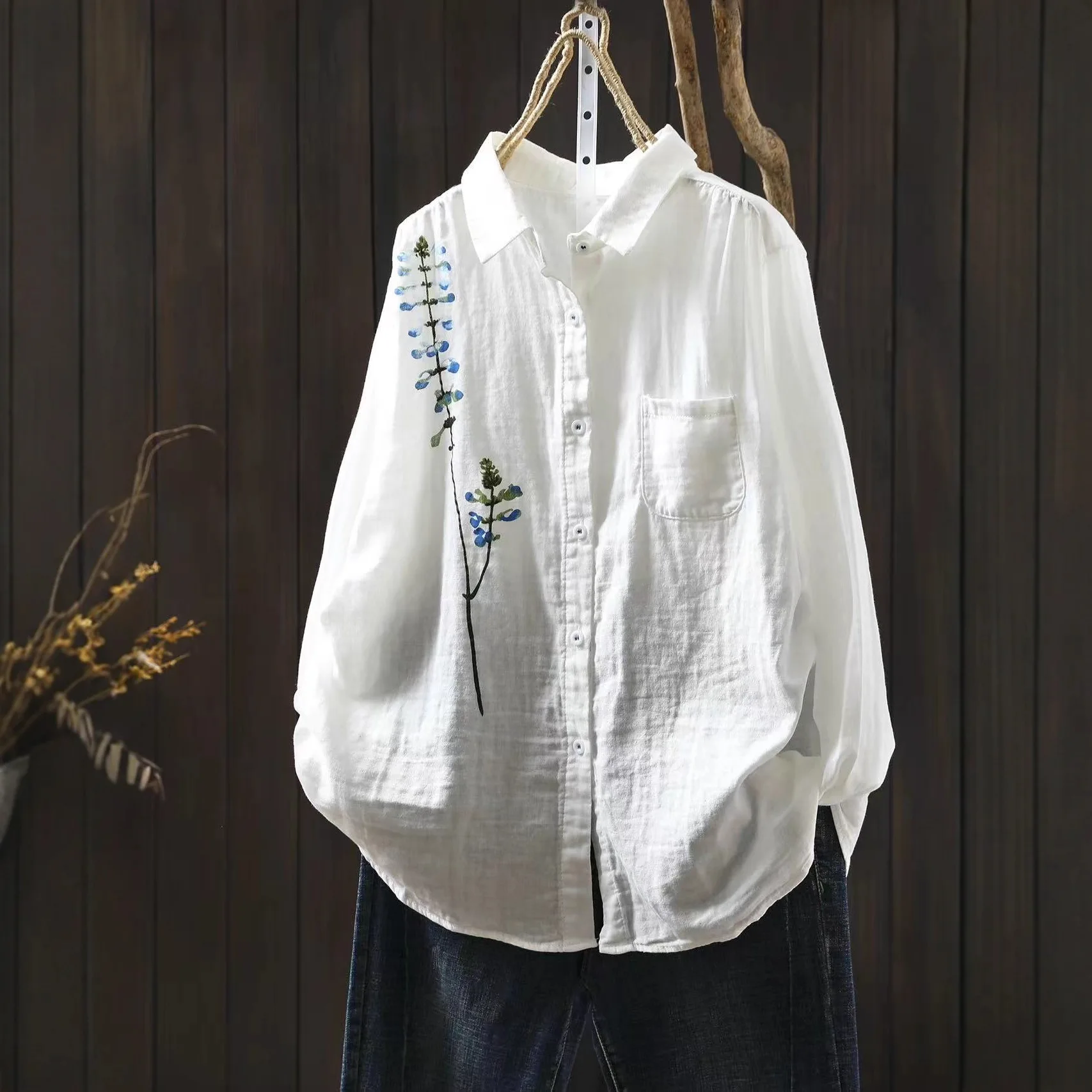 

Японская милая блузка в стиле Mori Girl с цветочным принтом из хлопковой пряжи, женская, весенняя новинка, с отложным воротником, длинным рукавом, повседневная, свободного кроя