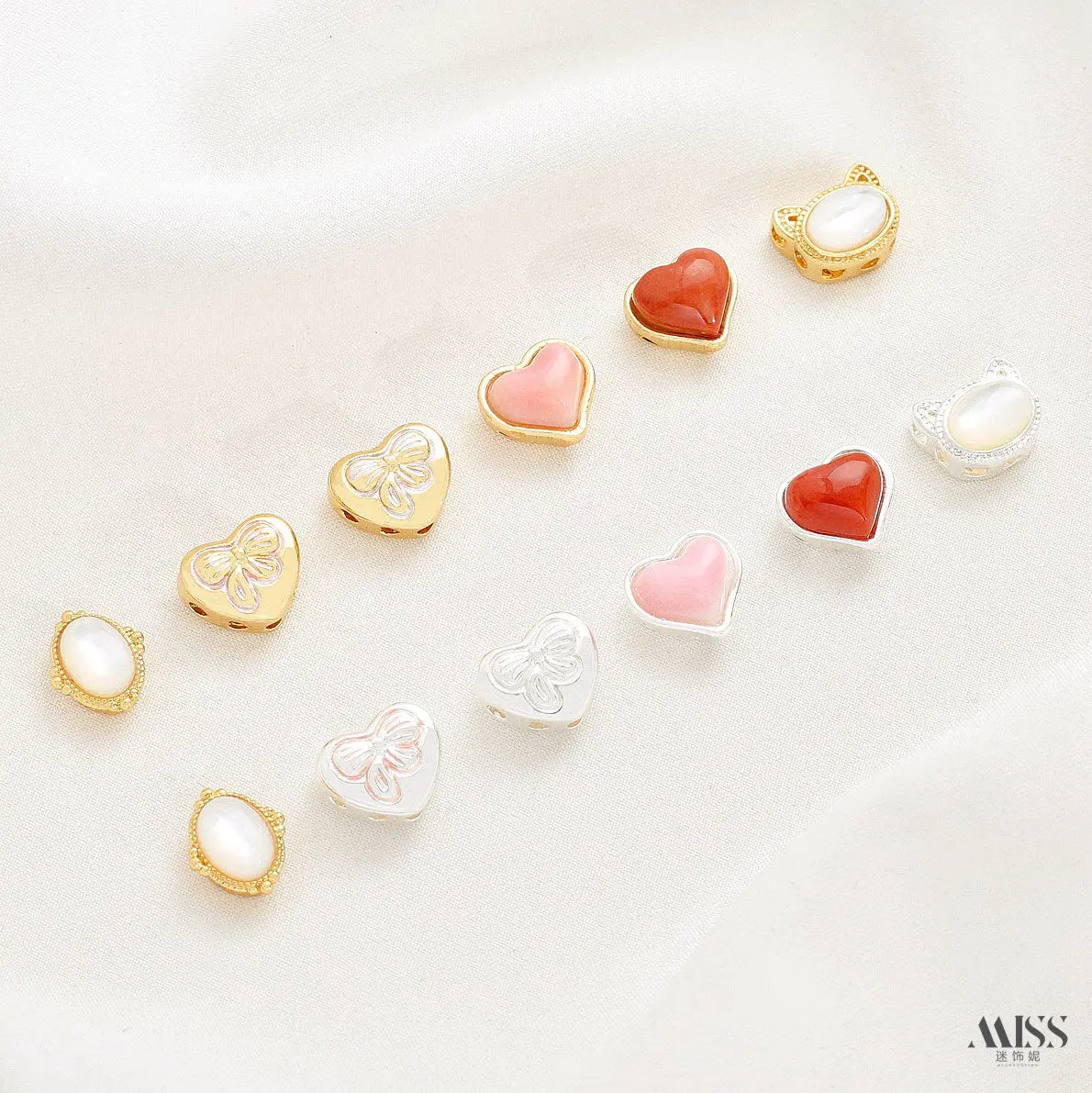 18K Gold Plated Natural South Red Agate Queen Shell, Mother of Pearl Peach Heart Bow & Cat Spacer Beads, DIY Jewelry Accessories