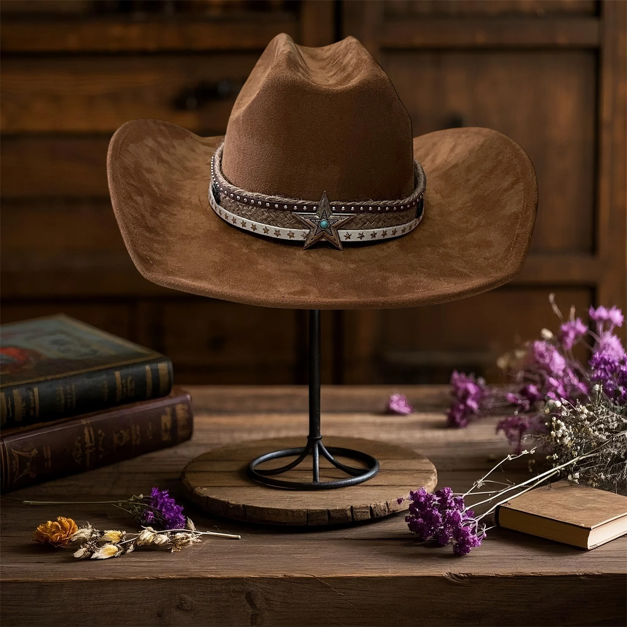 

Vintage Denim Cowboy Hat with Fringe Detail and Concho Accents Unisex Rodeo Western Cap for Fall Winter Festival Style