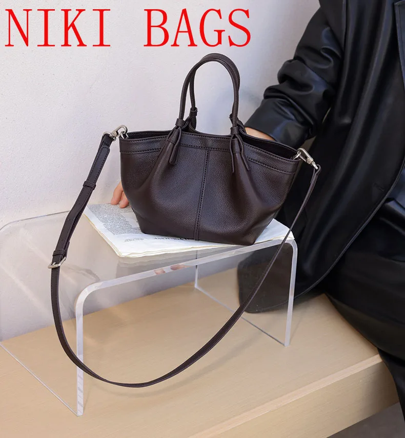NIKI BAGS Top Grain Cowhide Leather women mini tote bag casual winged top handle detachable shoulder strap commuter crossbody