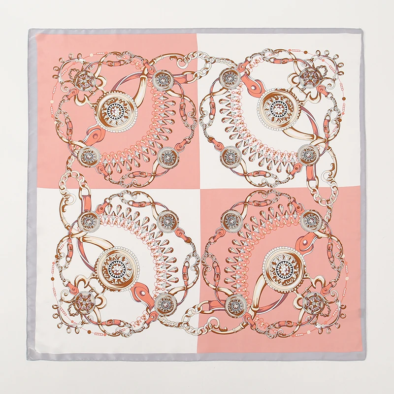 

90*90cm Chains Printed Square Scarf Silk-like Stain Hair Wraps Women Luxury Printed Floral Bandana Shawl Fashion Bag Accessories