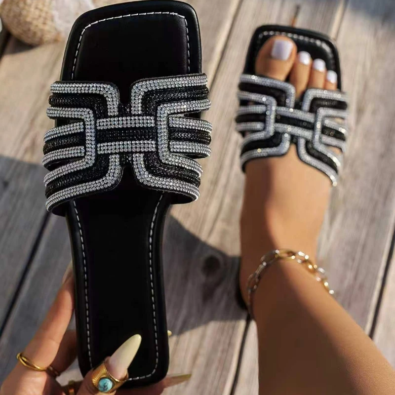 Wide Fit Women Slides Sandals Rhinestone Flat Slippers Square Toe Summer Casual Slip-On Shoes Plus Size Comfort Sandals