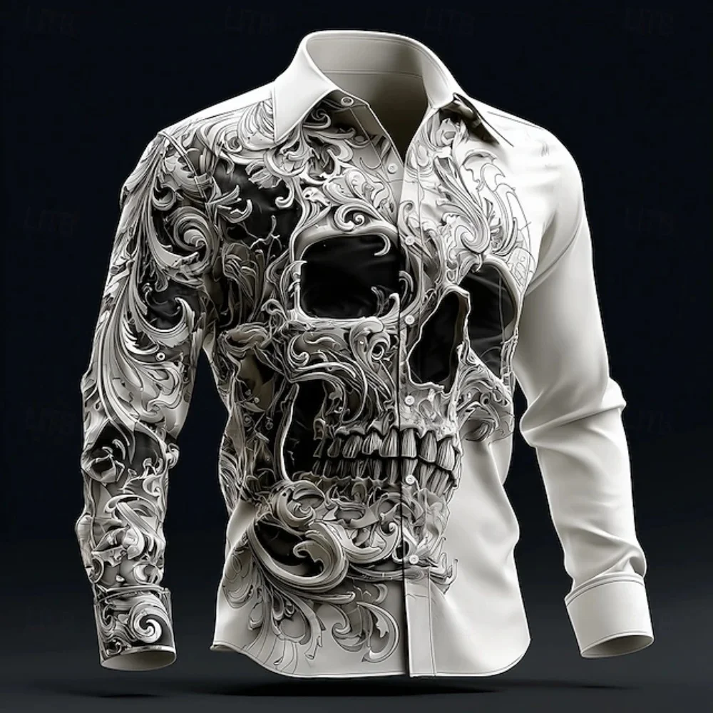 Hip-Hop Skull Pattern Men's Streetwear Long-Sleeved Top Fashionable Trendy Graphic Tee Shirt Casual Loose Fit Gothic Clothing
