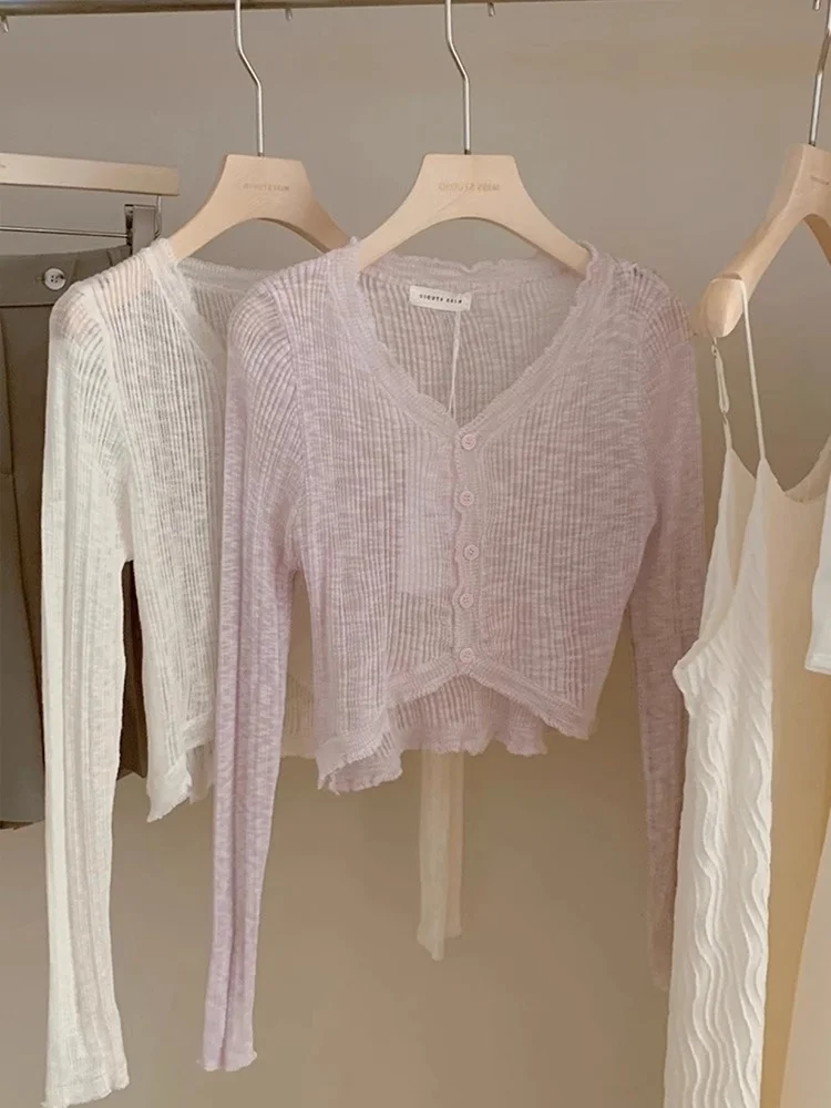 

Женский тонкий кардиган с V-образным вырезом из ледяного шелка с кружевной отделкой, вязаный, для защиты от солнца, весенний, для кондиционированных помещений