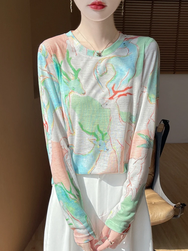 

2025 New Spring Summer Fine Spun Thin Knitted O-Neck Pullover Long Sleeve Top Knit Women' s Clothes Fashion Elegant Colorful Top