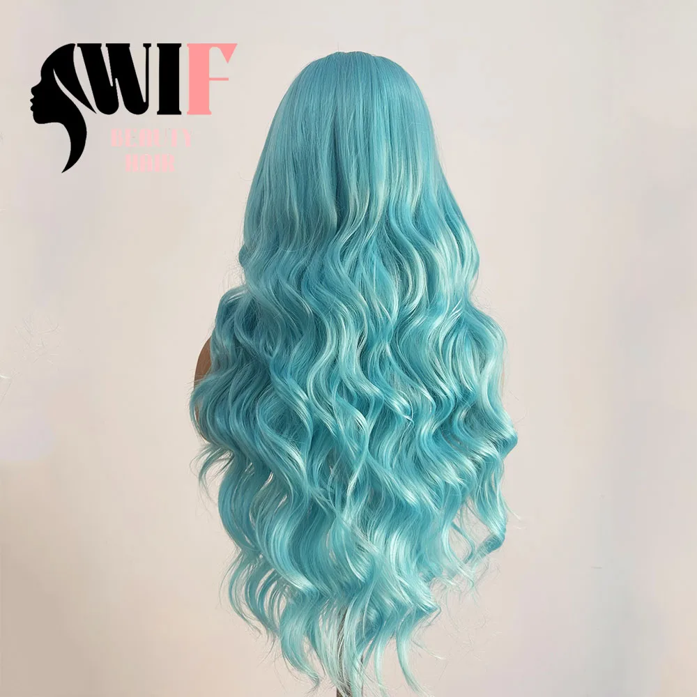 WIF-Peluca de encaje ondulado para mujer, pelo azul Natural, fibra de calor, sintético, Cosplay, fiesta, Color azul