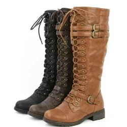 Medieval Women Knee High Boots Autumn Winter Lace Up Flat Shoes Sexy Steampunk PU Retro Buckle Women Shoes Ladies Snow Boots